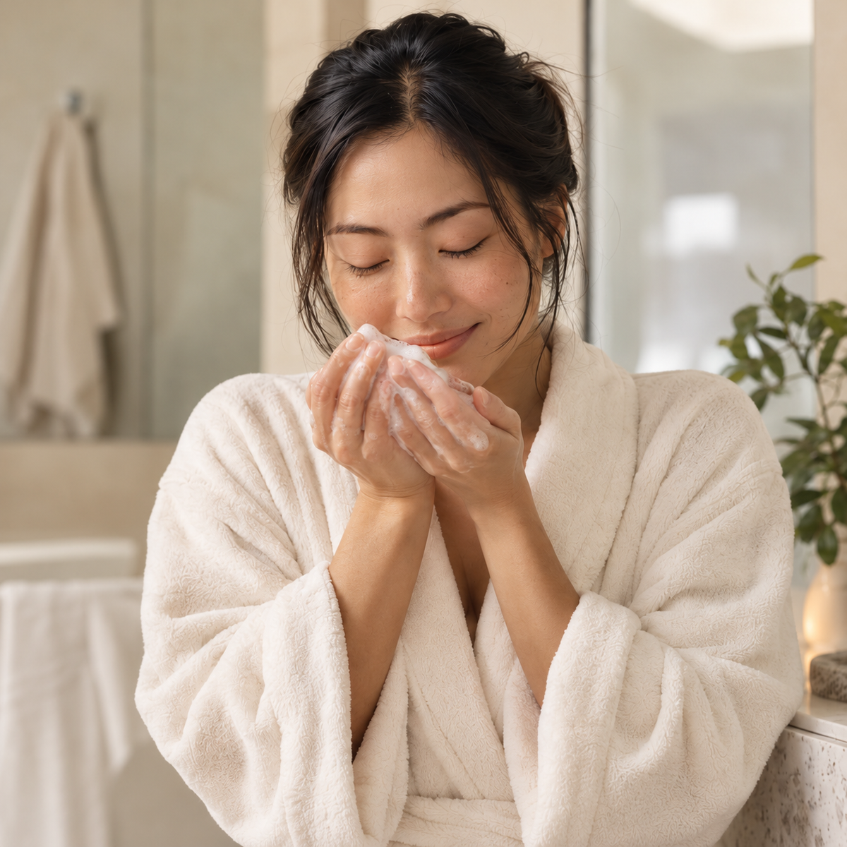 Woman pausing to enjoy the fragrance