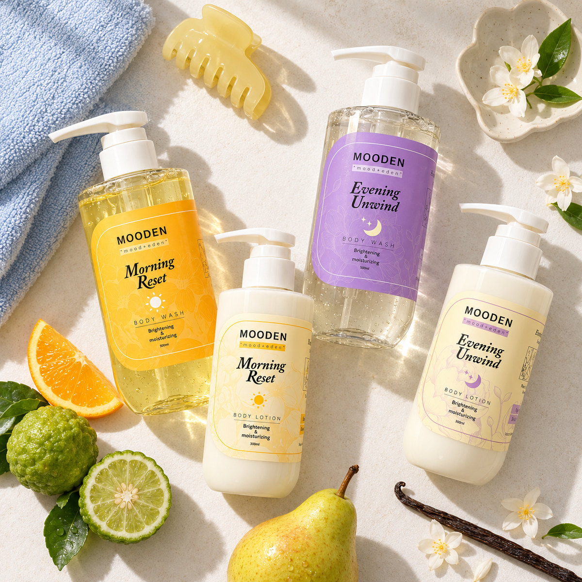 Morning Reset and Evening Unwind body wash in soft sunlight on a bathroom ledge