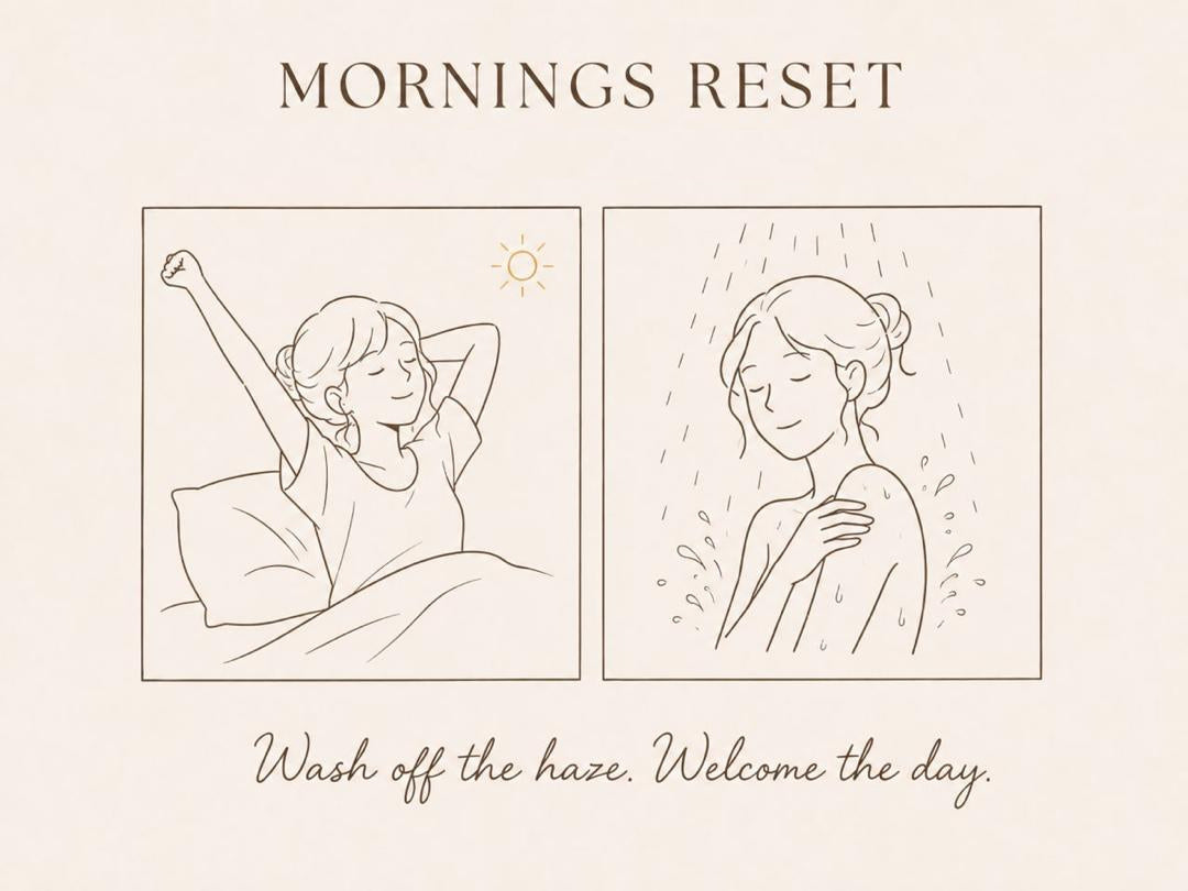 An illustrated morning ritual, from waking up to enjoying a shower
