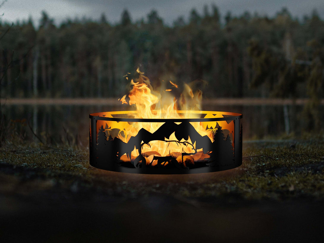 Metal Wildlife Fire Ring - Mountain and Bear View - Outdoor Fire Pit - Gift for Him