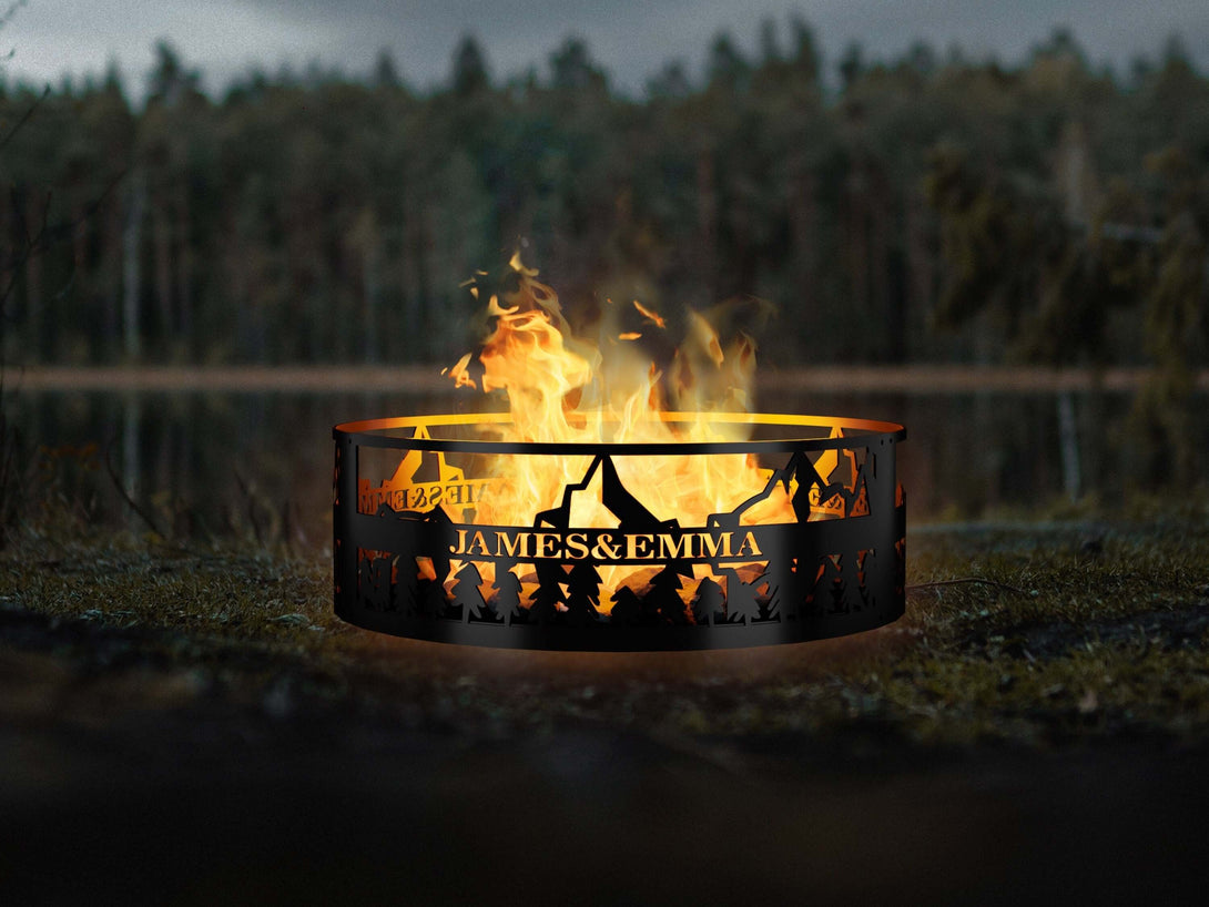 Personalized Forest & Mountain View Fire Ring - Outdoor Fire Pit - Gift for Him
