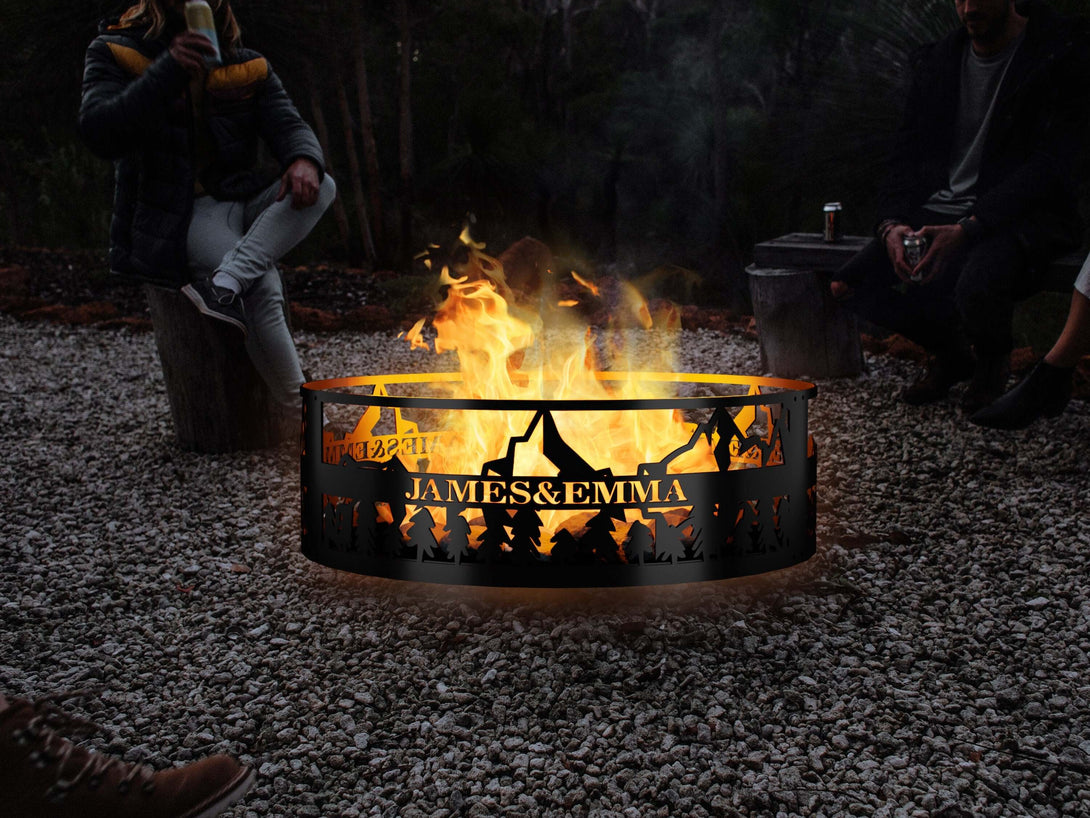 Personalized Forest & Mountain View Fire Ring - Outdoor Fire Pit - Gift for Him