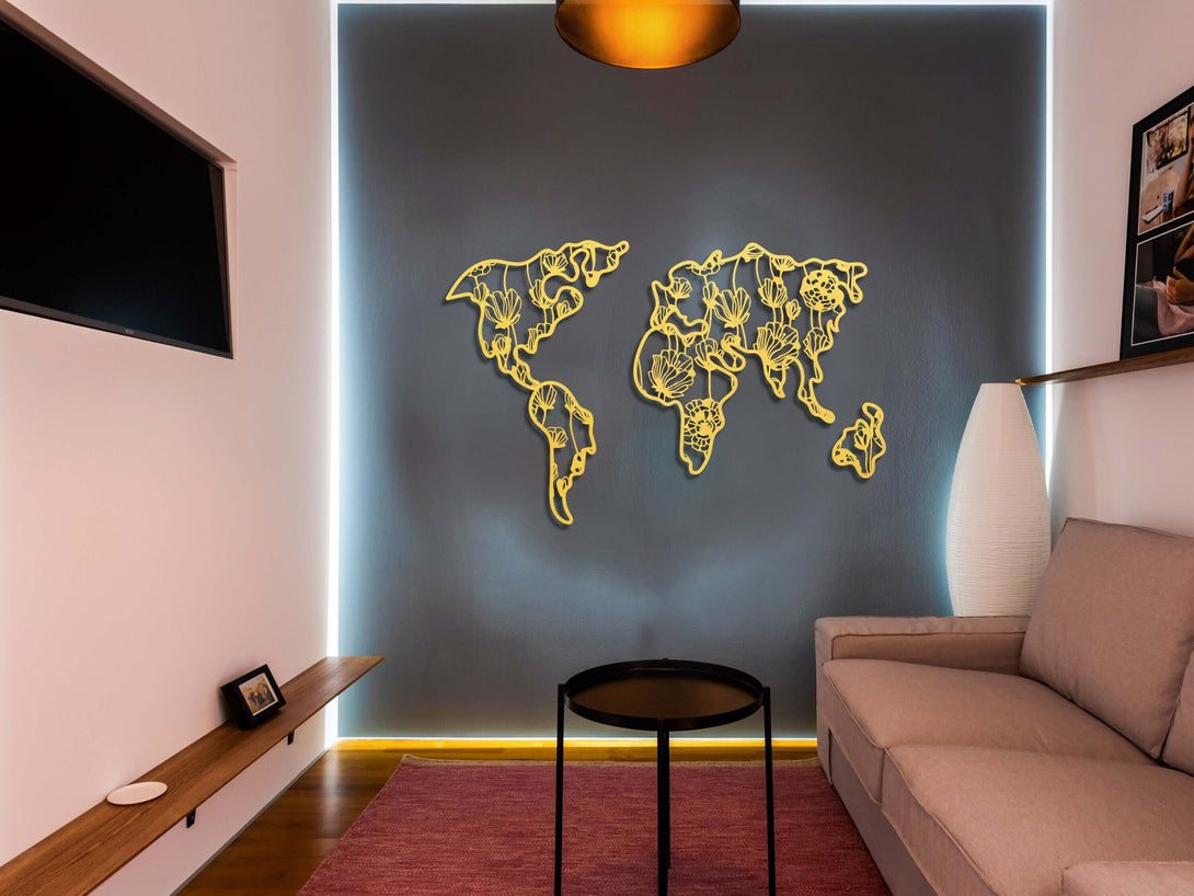 X-Large Metal World Map with Flowers, Metal World Map Art, Continents Wall Decoration, Interior Decoration