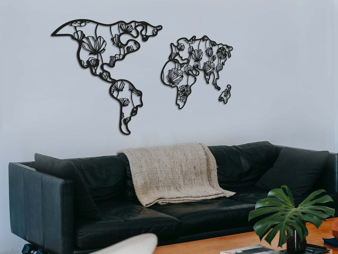 X-Large Metal World Map with Flowers, Metal World Map Art, Continents Wall Decoration, Interior Decoration