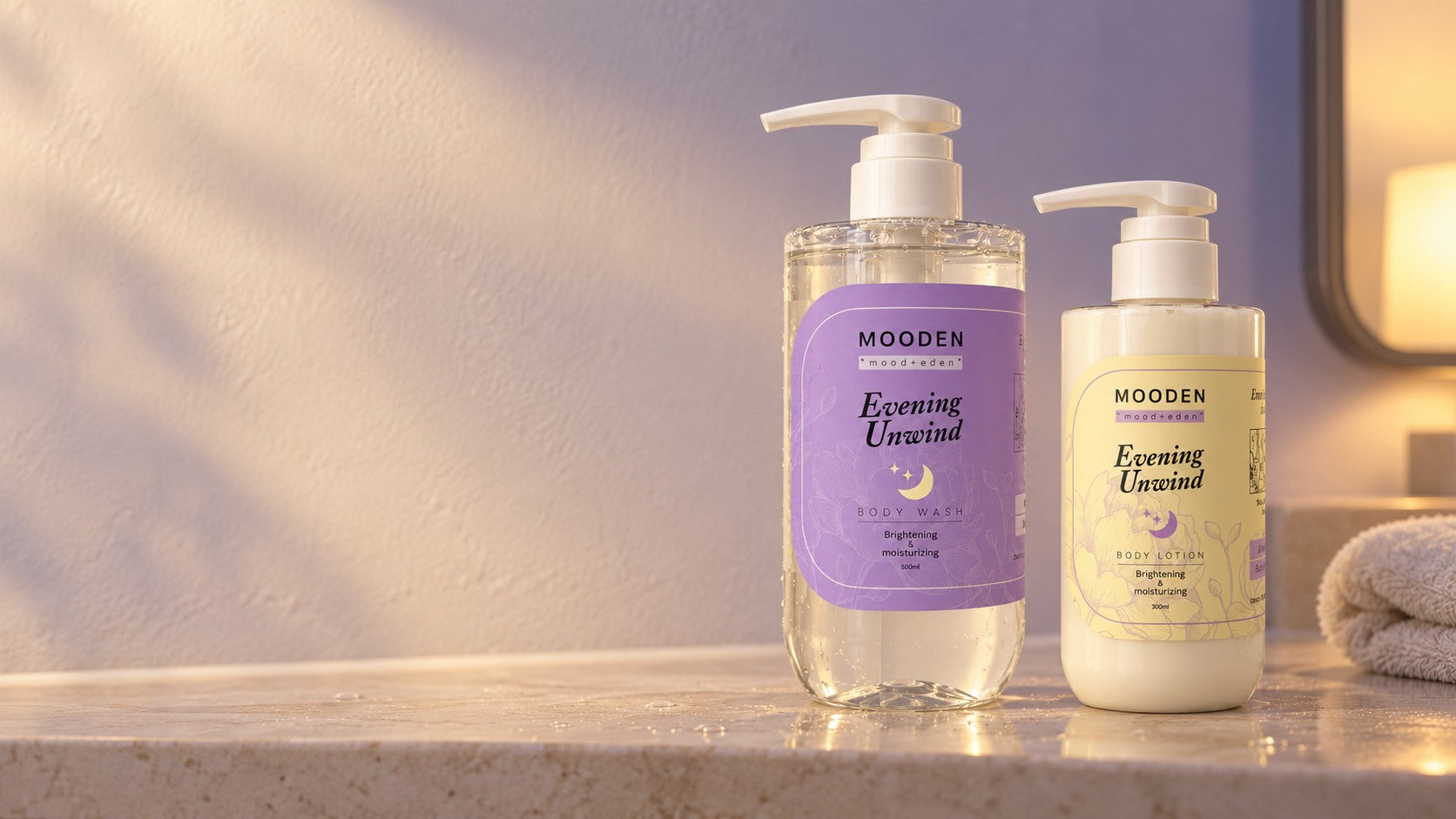 Evening Unwind body wash and lotion on a quiet bathroom shelf