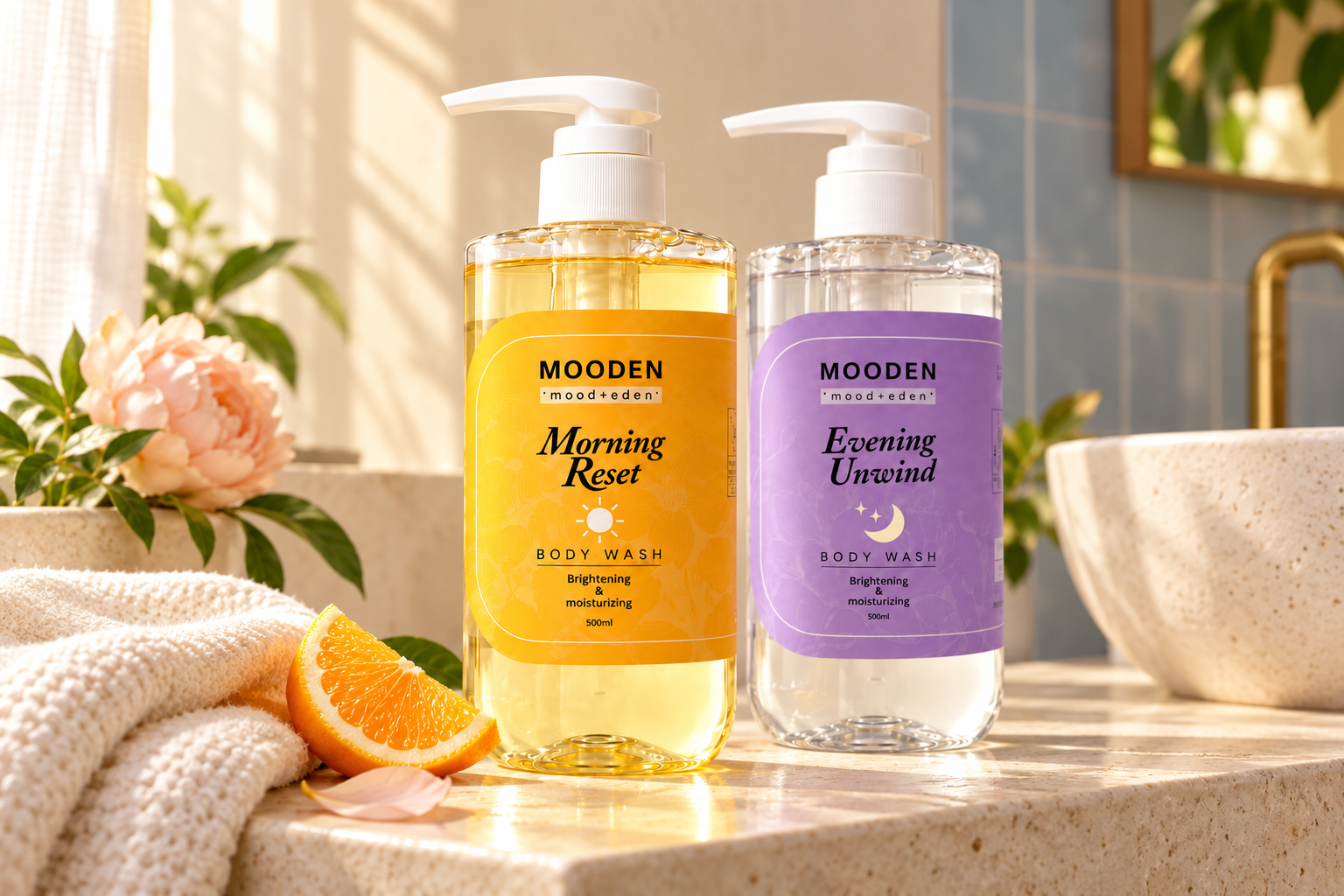 Morning Reset and Evening Unwind body wash in soft sunlight on a bathroom ledge